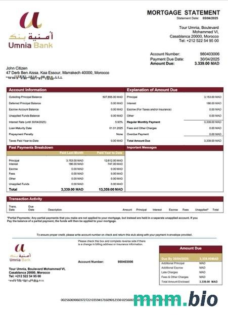Maroko Umnia Bank wyciąg z kredytu hipotecznego szablon Word i PDF